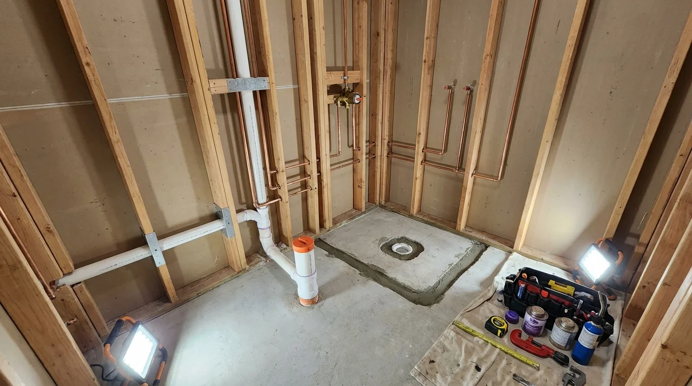 Bathroom rough-in plumbing during remodel by Johns Plumbing LLC in Kittery Point