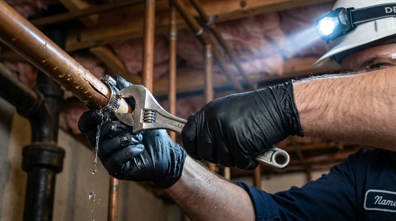 Emergency pipe clamp repair being performed by a Johns Plumbing LLC plumber in Kittery Point