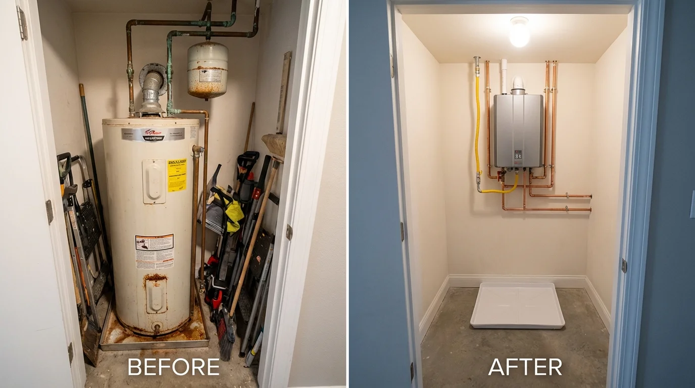Tank water heater versus wall-mounted tankless unit comparison for Kittery Point, ME homeowners