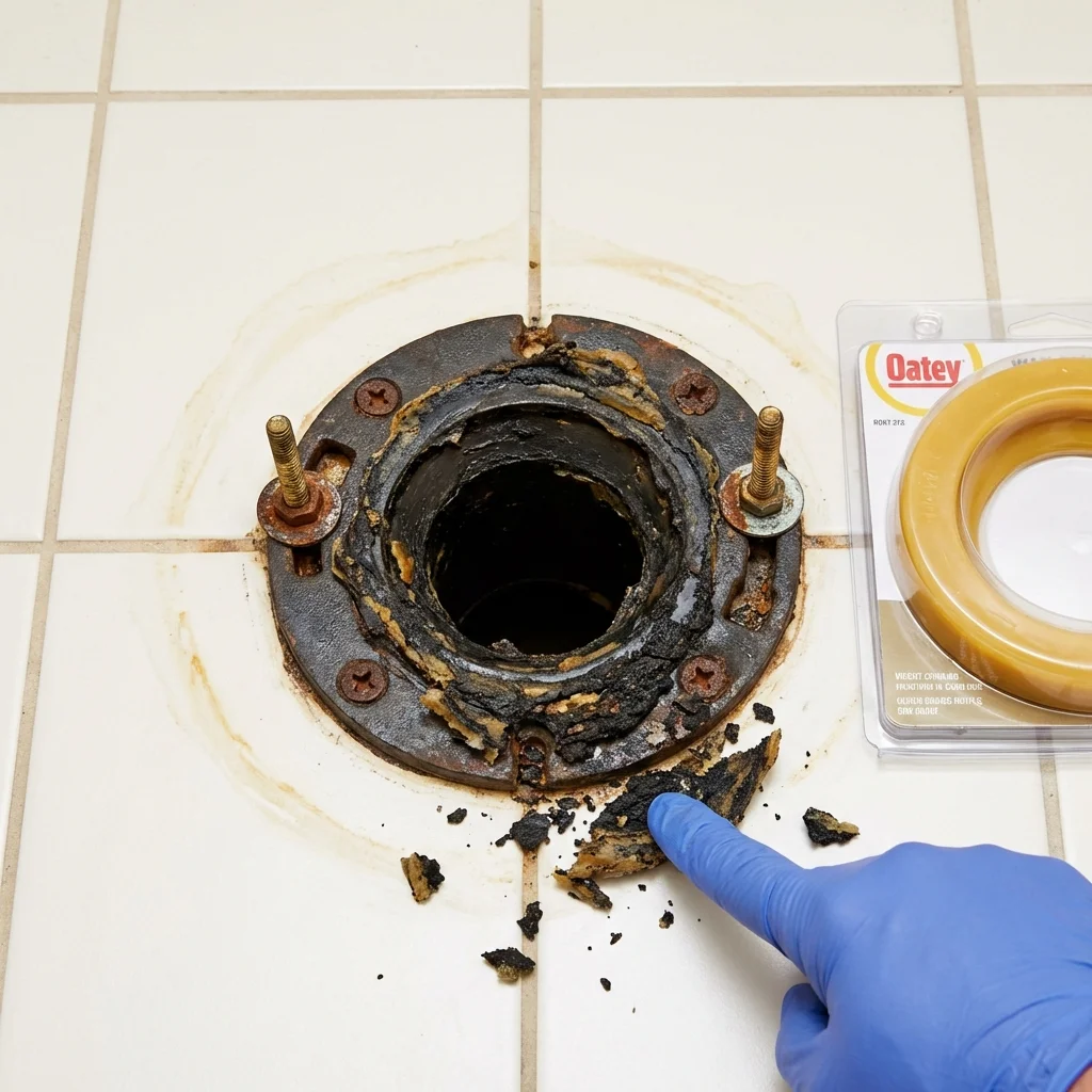 Failed wax ring showing water seepage at the base of a toilet in a Kittery Point, ME home