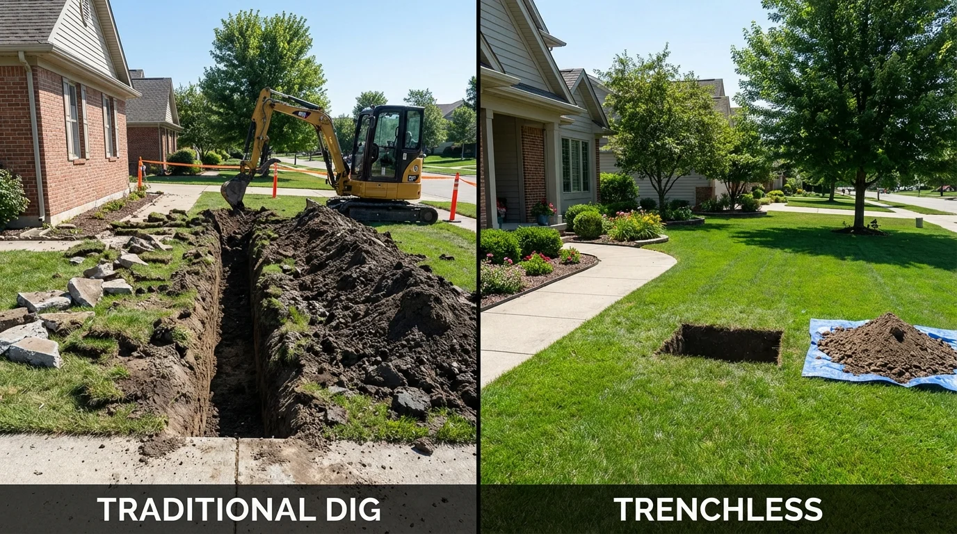 Trenchless sewer repair with minimal yard damage versus traditional excavation in Kittery Point, ME