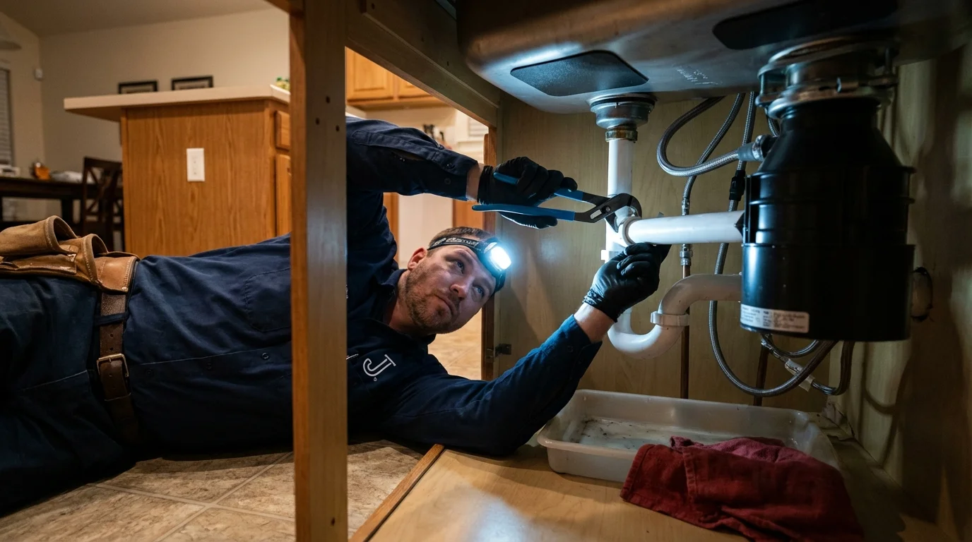 P-trap and supply line connections under a kitchen sink showing a common leak point in Kittery Point, ME